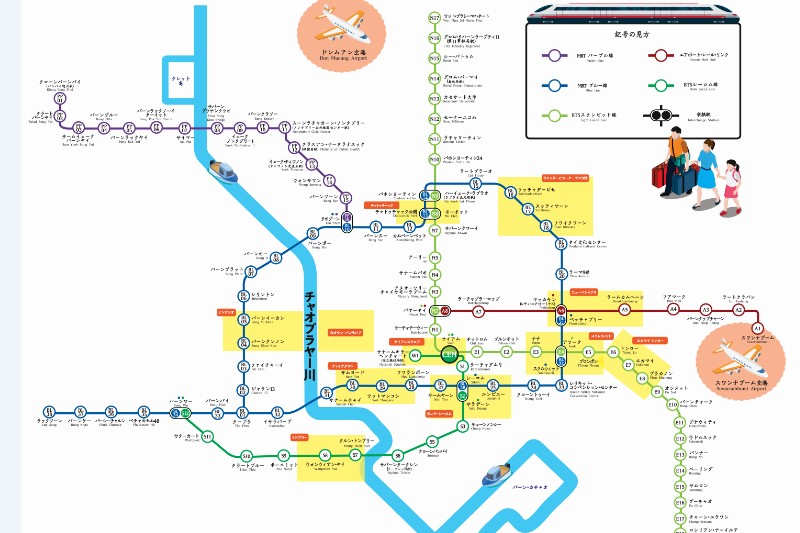 バンコク路線図電車マップと 昼と夜の遊び場所の地名付き地図